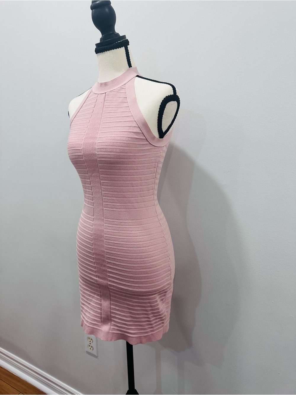 VINTAGE Y2K GUESS Blush Pink Ribbed Bodycon Bandage Dress Halter Size Small